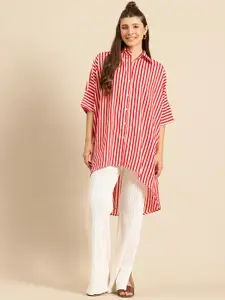 Qurvii Women Comfort Striped Loose Fit Longline Crepe Casual Shirt