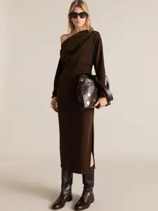 MANGO Asymmetric Neck Gathered Sheath Midi Dress