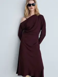 MANGO Ruched Effect One Shoulder Asymmetric Midi A-Line Dress