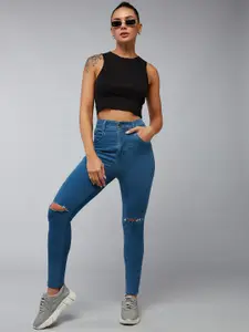 DOLCE CRUDO Women Skinny Fit High-Rise Slash Knee Light Fade Stretchable Jeans