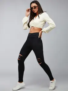 DOLCE CRUDO Women Slim Fit High-Rise Mildly Distressed Heavy Fade Stretchable Jeans