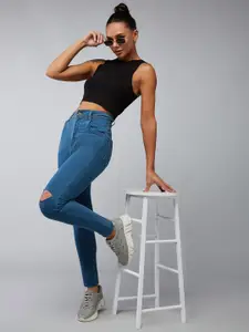 DOLCE CRUDO Women Skinny Fit High-Rise Slash Knee Stretchable Jeans