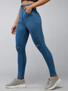 DOLCE CRUDO Women Skinny Fit High-Rise Light Fade Slash Knee Stretchable Jeans