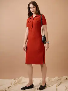 Globus Self Design Shirt Collar Pocket Detail Midi Sheath Workwear Dress