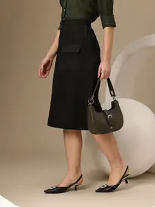 Chemistry Pure Cotton Midi A-Line Skirt With Front Slit Detail