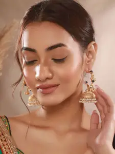 Saraf RS Jewellery Gold-Plated Artificial Stones Studded And Beaded Dome Shaped Jhumkas