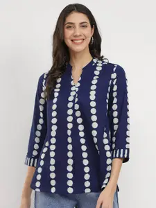 Pink Fort Women Cotton Dabu Polka Print Top - Indigo