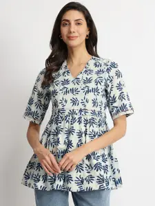 Pink Fort  Women Cotton Dabu Leaf Print Peplum Top