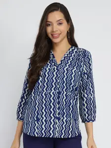 Pink Fort Women Cotton Dabu Chevron Print Top Indigo