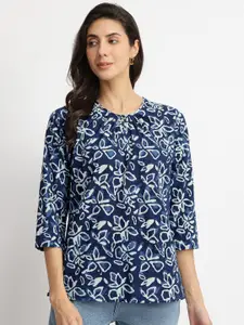 Pink Fort Women Cotton Dabu Floral Print A-Line Top Indigo