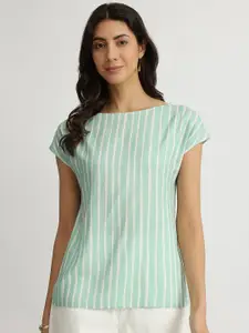 Pink Fort Women Rayon Striped Boat Neck Top Green