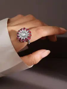 Rubans Rhodium Plated Ruby Pink & White Cubic Zirconia Studded Floral Adjustable Ring