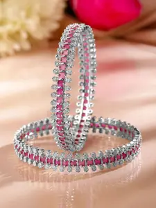 Rubans Set of 2 Rhodium Plated Ruby Pink & White Cubic Zirconia Studded Luxe Bangles