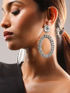 Rubans Rhodium-Plated Crystal AD & Cubic Zirconia Studded Oval Shaped Drop Earrings