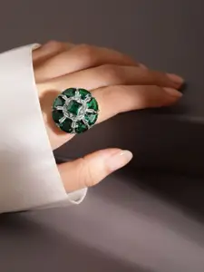 Rubans Rhodium Plated Emerald Green & White CubicZirconia Studded Adjustable Cocktail Ring
