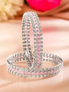 Rubans Set of 2 Rhodium Plated Pastel Pink & White Cubic Zirconia Studded Luxe Bangles