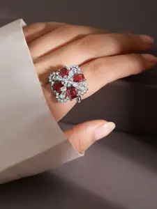 Rubans Rhodium-Plated Ruby Pink & White CubicZirconia Studded Floral Cross Adjustable Ring