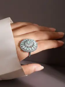 Rubans Rhodium-Plated Cubic Zirconia Studded Floral Adjustable Finger Ring