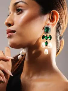 Rubans 18K Gold-Plated Emerald Green & White Pearl Drop Earrings - Luxe Statement Jewelry