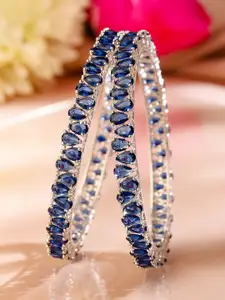 Rubans Set of 2 Rhodium-Plated Blue Sapphire Zirconia Stone Studded Bangles