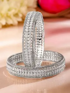 Rubans Set of 2 Premium Rhodium-Plated Cubic Zirconia Studded Leaf Motif Luxe Bangles