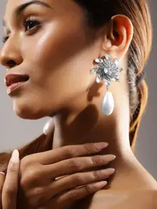 Rubans Rhodium-Plated Cubic Zirconia Studded Floral Earrings with White Pearl DropEarrings