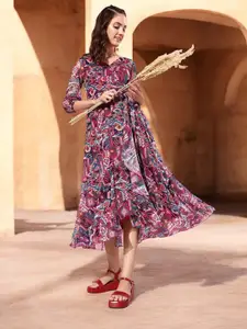 Miss Chase Floral Print Bell Sleeve Chiffon Midi Dress