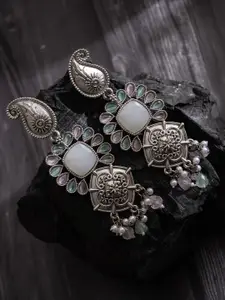 PANASH Silver-Plated Stones Studded And Beaded Contemporary Shaped Oxidised Drop Earrings