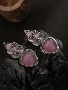 PANASH Silver-Plated Artifical Stones Studded Geometric Shaped Oxidised Drop Earrings