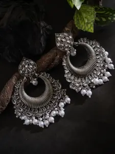 PANASH Silver-Plated Stones Studded & Beaded Crescent Oxidised Chandbalis