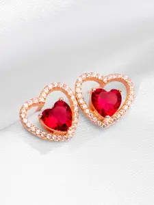 Zavya 925 Sterling Silver Rose Gold-Plated Cubic Zirconia Studded Heart Shaped Studs