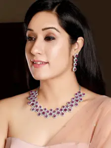 Rubans Rhodium-Plated Ruby & Cubic Zirconia Studded Statement Necklace & Earrings Set