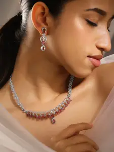 Rubans Rhodium-Plated Ruby & Cubic Zirconia Studded Elegant Necklace Set