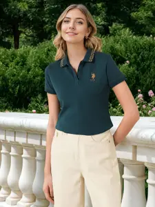 U.S. Polo Assn. Women Regular Fit Solid Polo Collar Cotton T-shirt