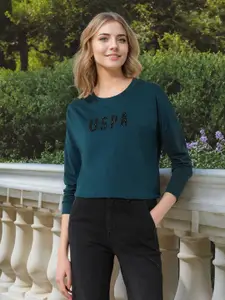 U.S. Polo Assn. Women Typography Printed Round Neck Cotton Oversized T-shirt