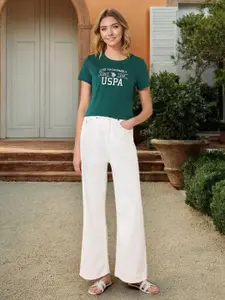 U.S. Polo Assn. Women Regular Fit Typography Printed Round Neck Cotton T-shirt