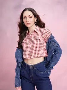 DressBerry Edgy Textured Gingham Checked Cropped Boxy Casual Shirt
