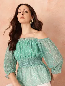 all about you Floral Print Off-Shoulder Puff Sleeve Bardot Top