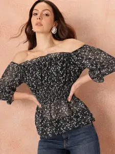 all about you Floral Print Off-Shoulder Puff Sleeve Bardot Top