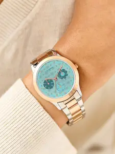 Chumbak Women Ocean Owl Monogram Metal Watch Steel & Rosegold strap with Teal Dial