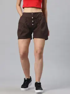 Popnetic Women Solid High-Rise Pure Cotton Relaxed Fit Shorts with Gathered Detail