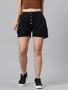 Popnetic Women Solid High-Rise Pure Cotton Relaxed Fit Shorts with Gathered Detail