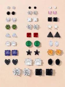 PRIVIU Set of 26 Silver-Toned American Diamond Geometric Shaped Stud Earrings
