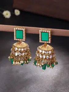 Yellow Chimes Gold-Plated Artificial Stones And Beads Dome Shaped Jhumkas Earrings