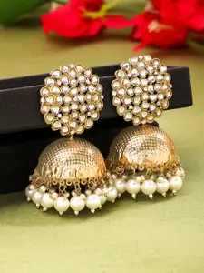 Yellow Chimes Gold-Plated Kundan Pearls Contemporary Jhumkas Earrings