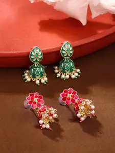 Yellow Chimes Set Of 2 Gold-Plated Artificial Beads Dome Shaped Jhumkas Earrings