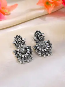 Yellow Chimes Silver-Plated Artificial Stones Peacock Shaped Oxidised Drop Earrings