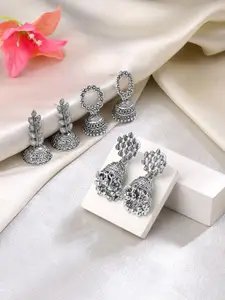 Yellow Chimes Set Of 3 Silver-Plated Dome Shaped Oxidised Jhumkas Earrings