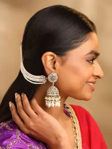 Yellow Chimes Gold-Plated Pearl Contemporary Jhumkas Earrings With Ear Chain