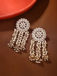 Yellow Chimes Gold-Plated Kundan Pearl Circular Shaped Danglers Earrings